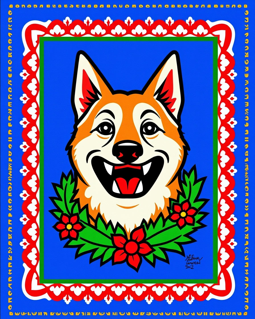 Happy Dog Wreath Blue Border Rug