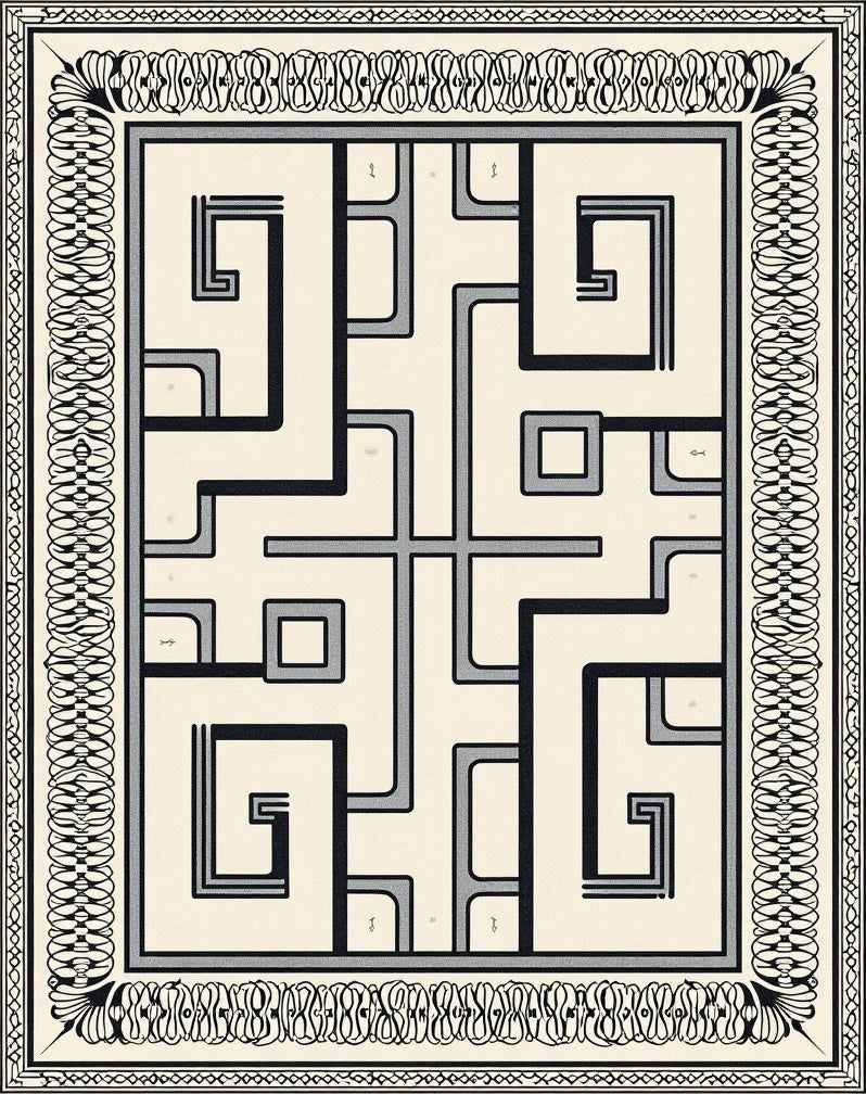 Modern Black White Geometric Labyrinth Rug