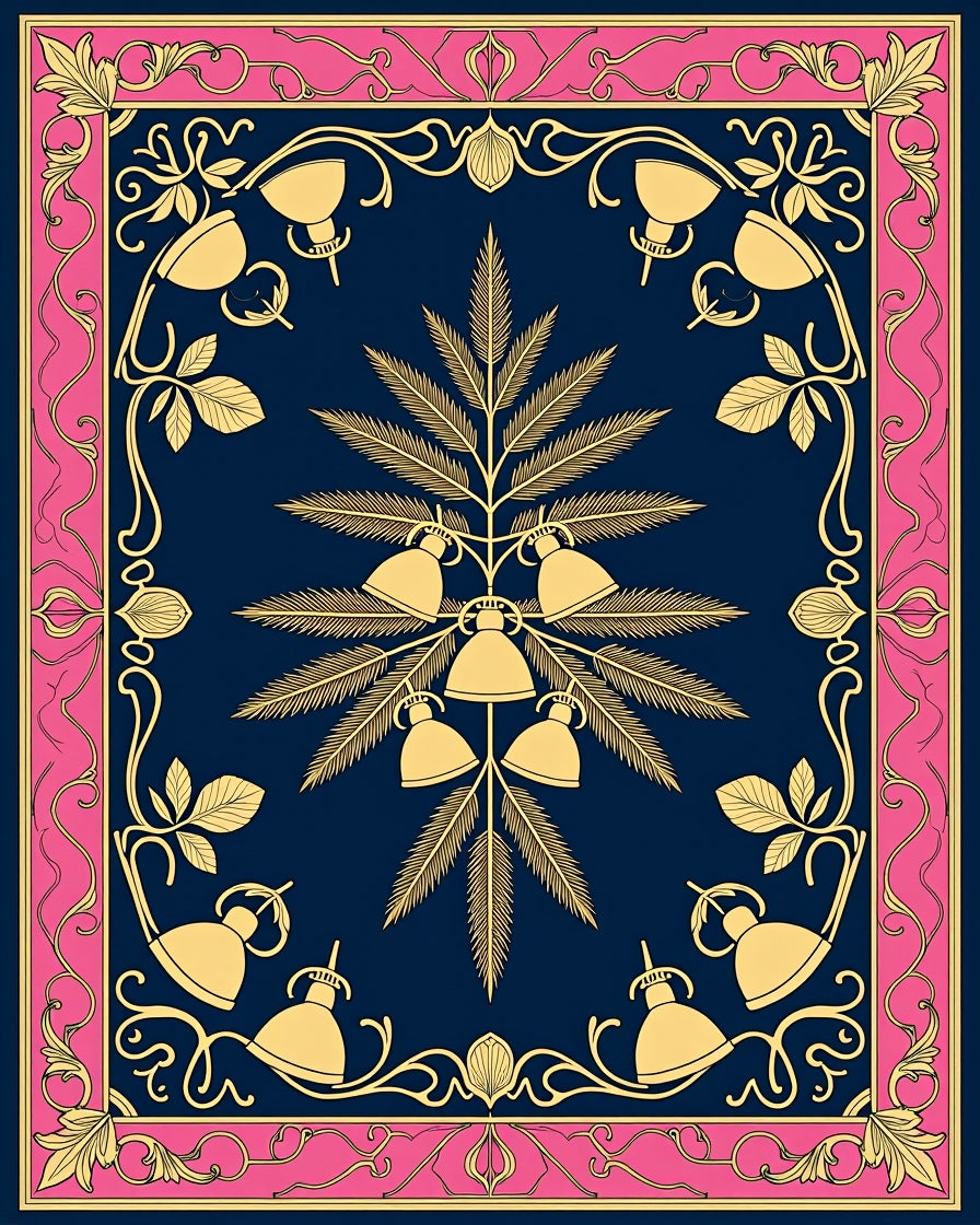 Gold Bell Floral Navy Frame Rug