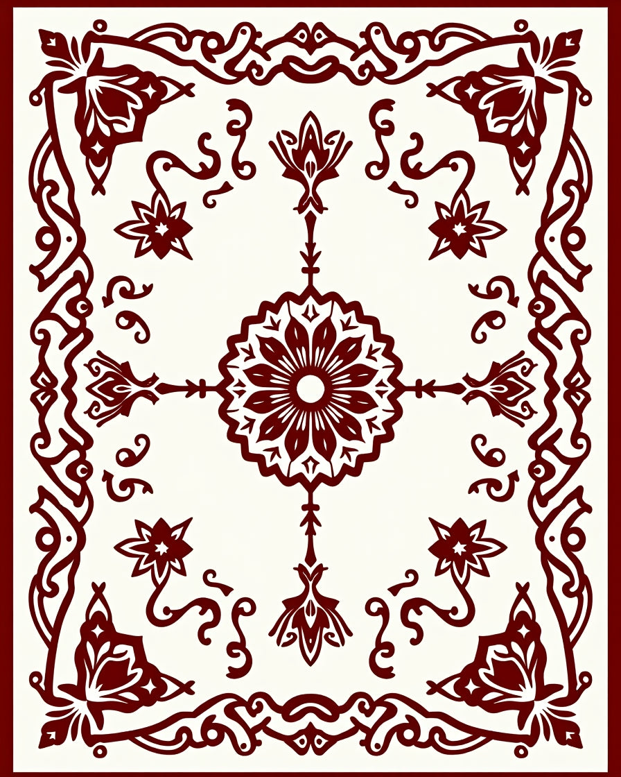 Deep Red Floral Star Border Design Rug