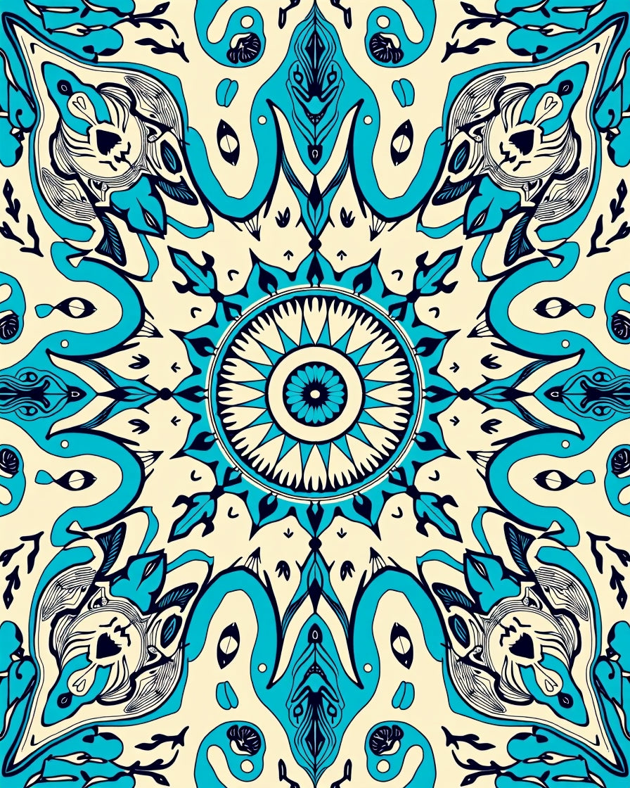 Cream Teal Abstract Radial Mandala Rug