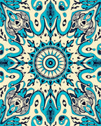 Cream Teal Abstract Radial Mandala Rug