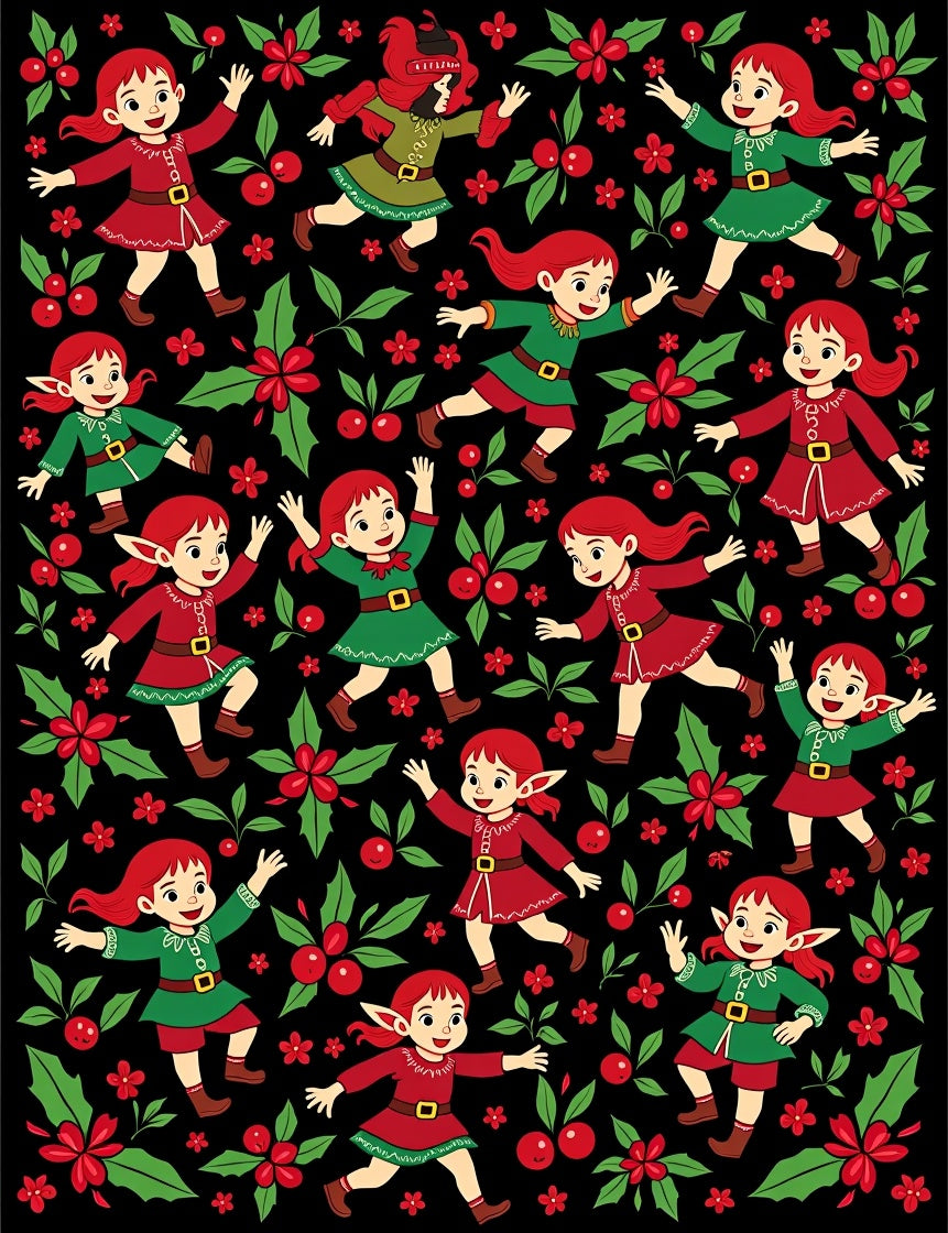 Cheerful Elves Holly Berry Garland Background Rug