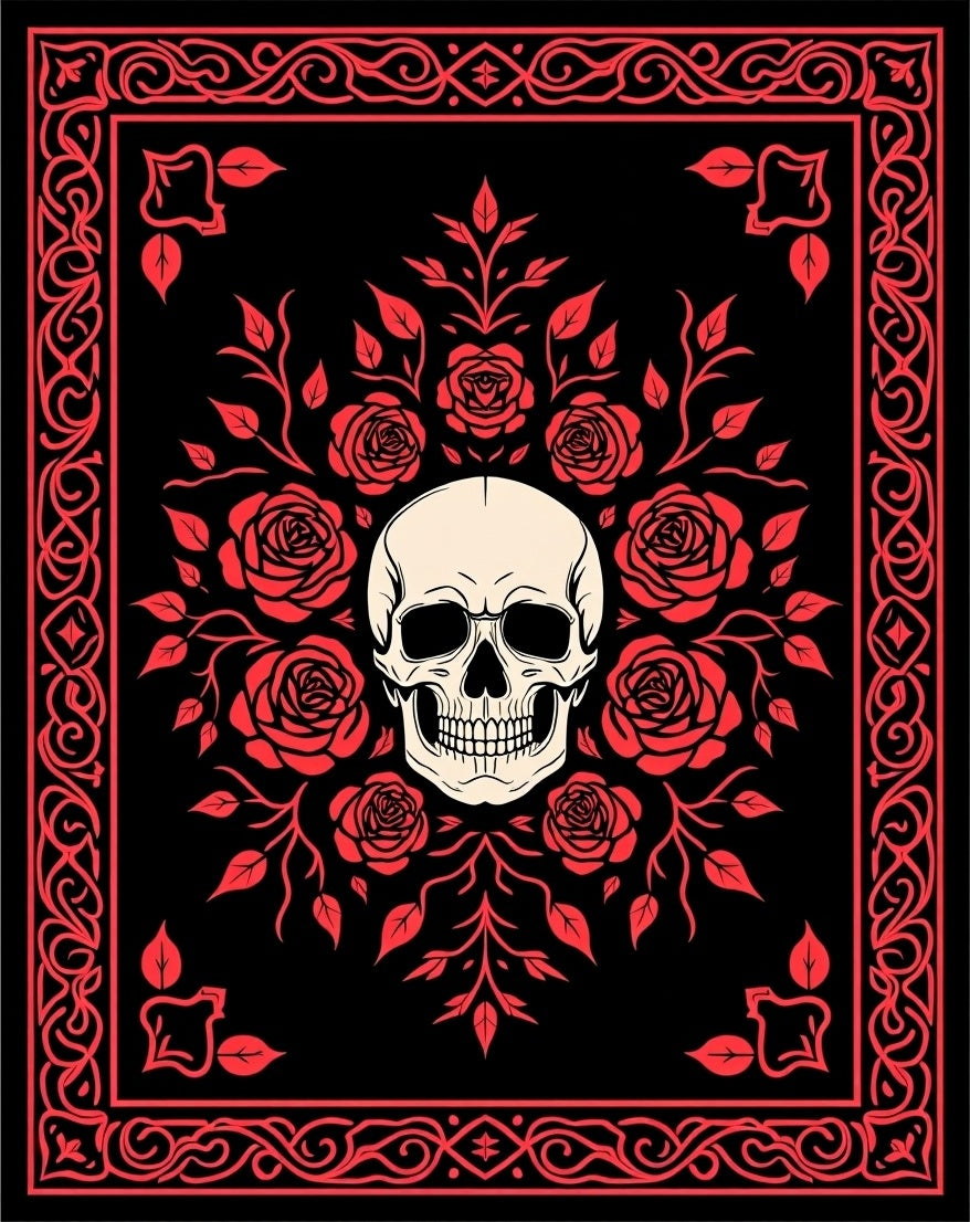 Crimson Skull Rose Border Accent Rug