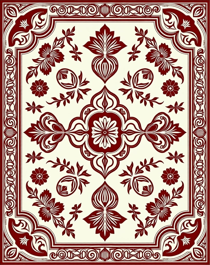 Crimson Red Ornate Floral Border Rug
