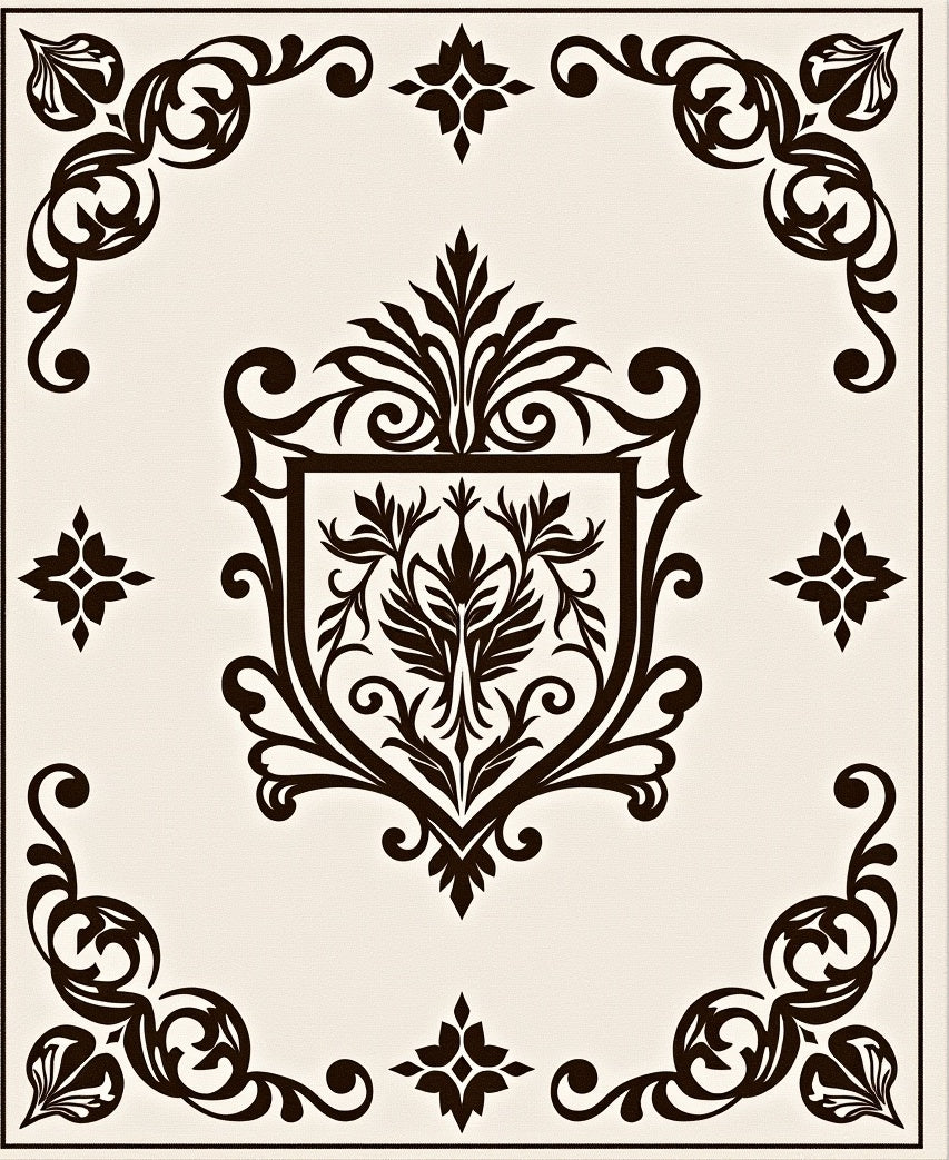 Dark Brown Crested Floral Scrollwork Rug