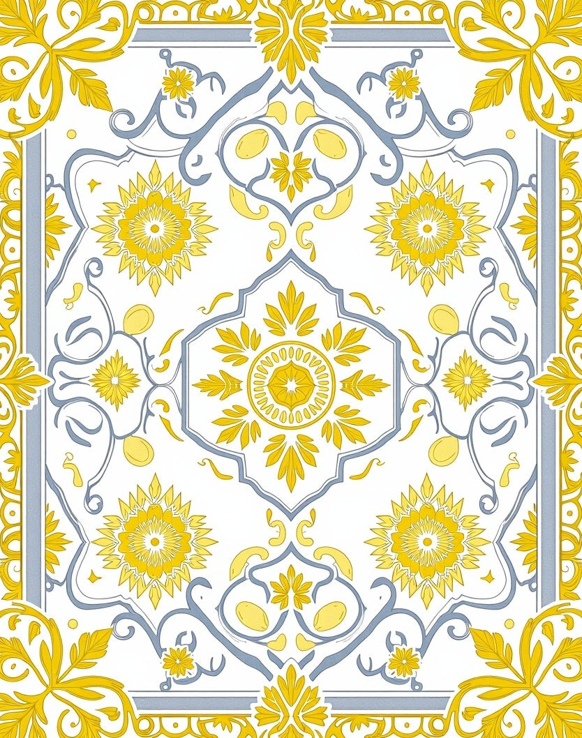 Yellow Grey Floral Medallion Scroll Rug