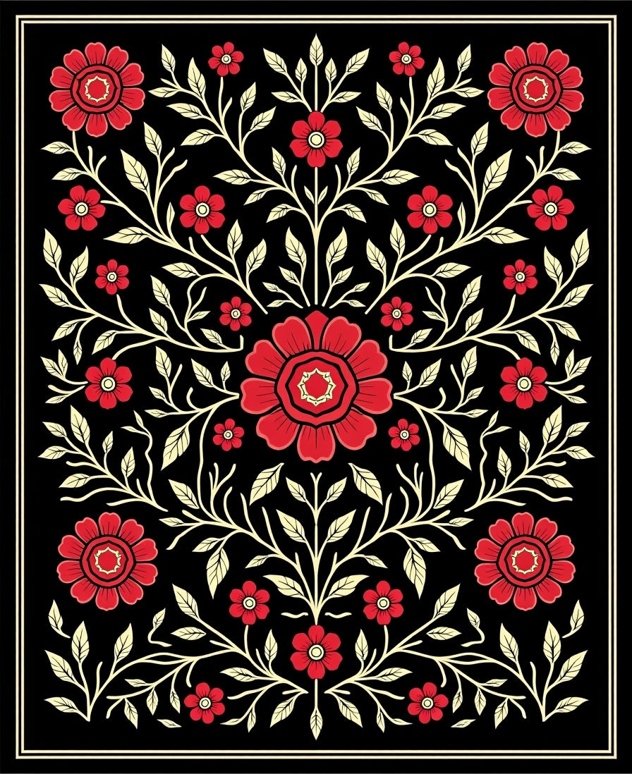 Crimson Floral Branch Symmetry Rug