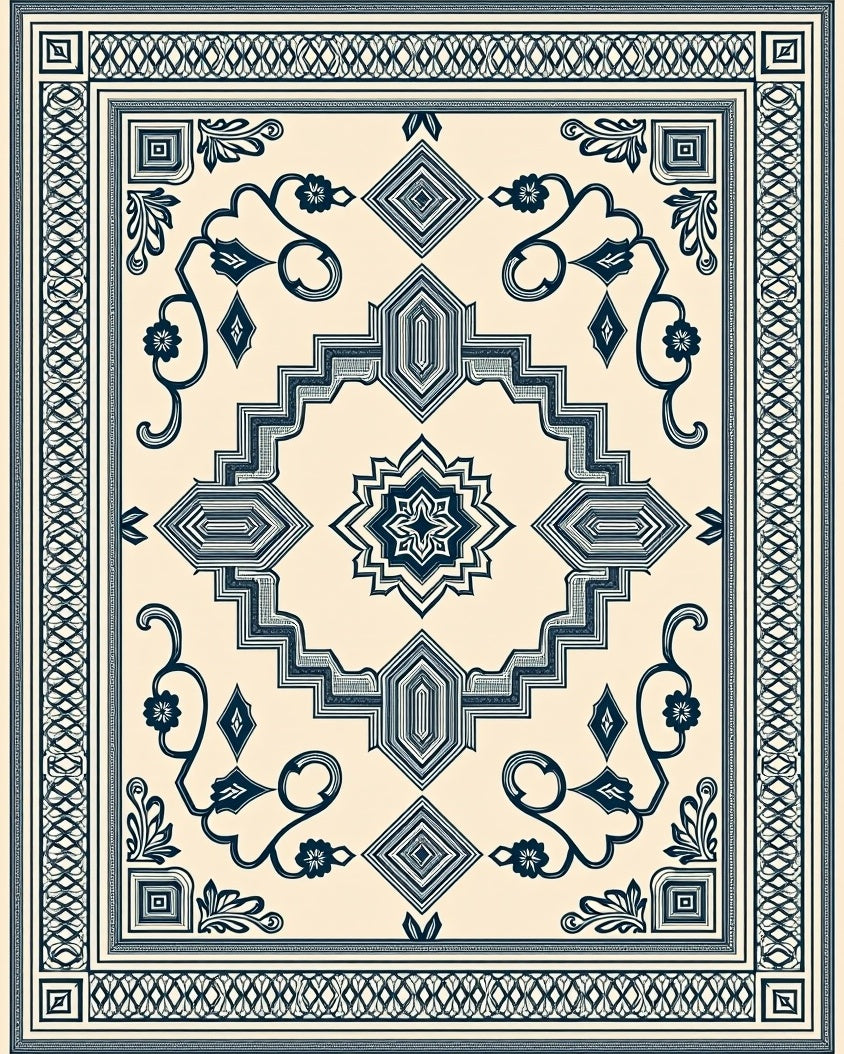 Cream Navy Geometric Floral Lattice Rug