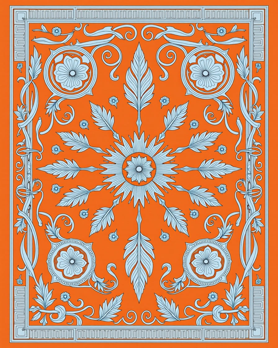 Vibrant Orange Light Blue Floral Scroll Rug