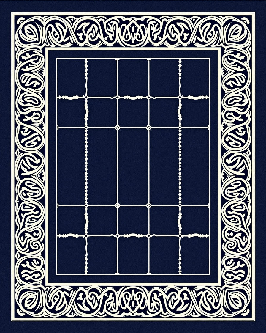 Navy Ivory Intricate Border Geometric Field Rug