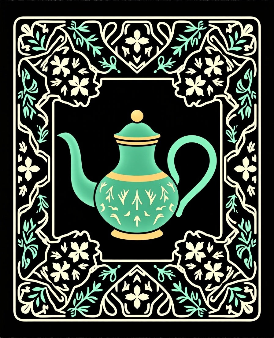 Teal Teapot Floral Border Art Rug