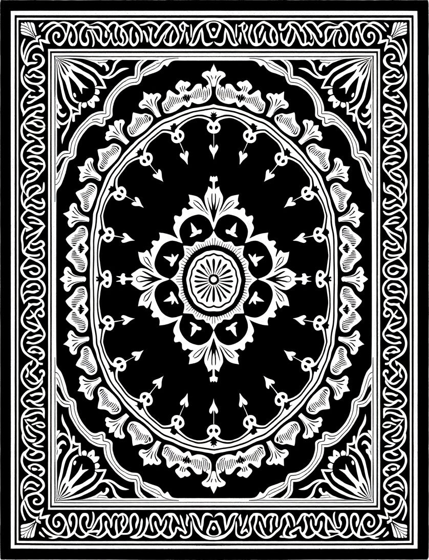 Classic Black White Medallion Border Rug