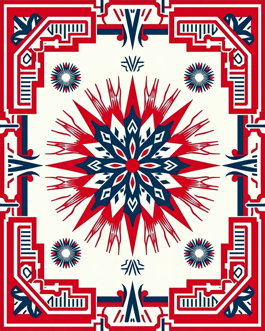 Crimson Blue Geometric Sunburst Medallion Rug