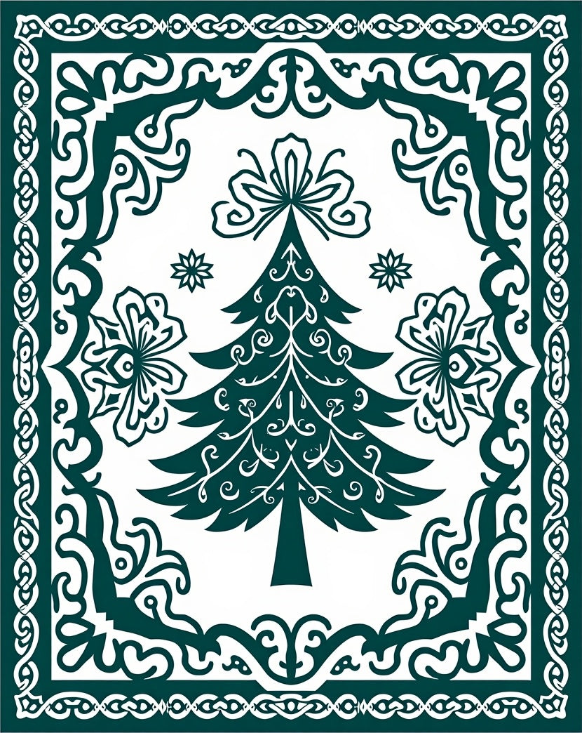 Teal Christmas Tree Ornate Frame Rug