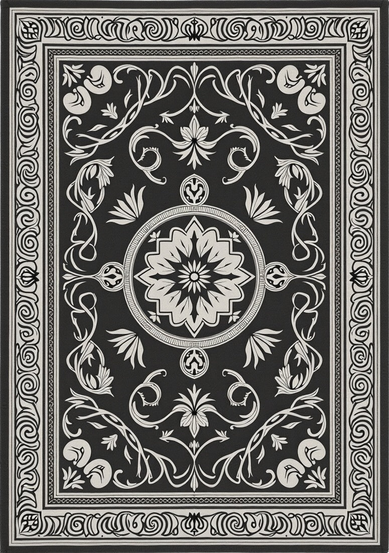 Monochromatic Scrollwork Floral Round Medallion Rug