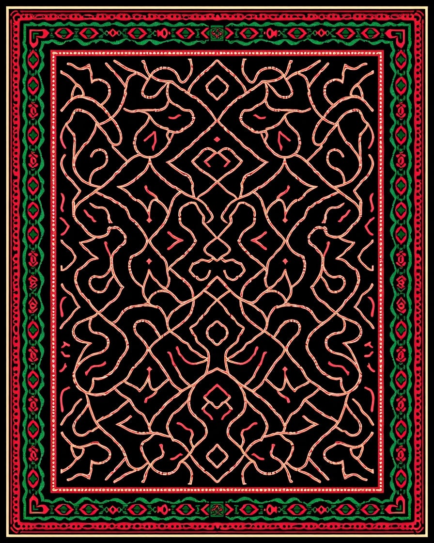 Red Green Intertwined Geometric Border Rug