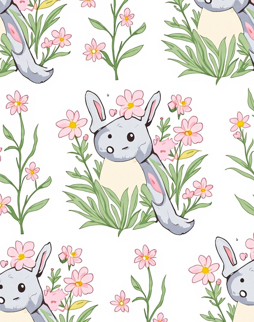 Whimsical Gray Bunny Pink Flower Garden Rug