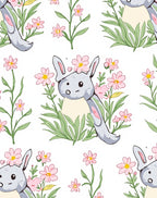 Whimsical Gray Bunny Pink Flower Garden Rug