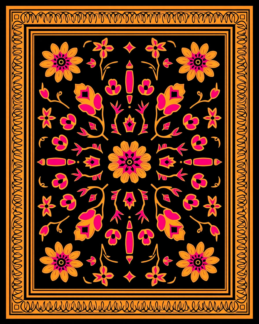 Black Orange Pink Floral Symmetry Rug