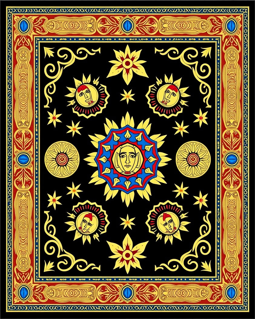 Sun Faces Celestial Border Rug