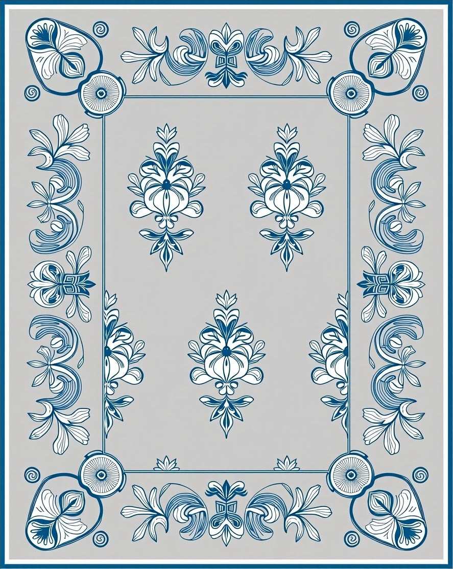 Faded Blue Floral Ornamental Frame Rug
