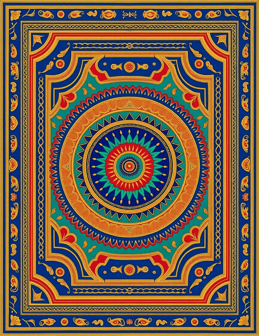Vibrant Blue Red Teal Medallion Rug