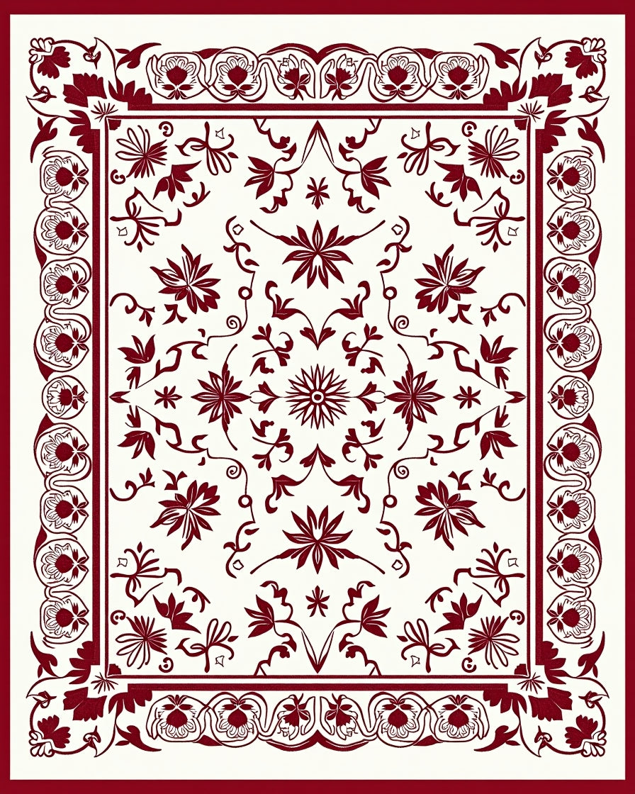 Deep Red Vine Starburst Frame Rug