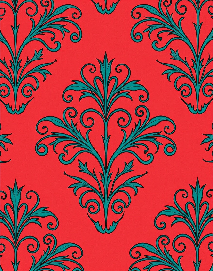 Red Teal Scrollwork Floral Damask Rug