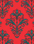 Red Teal Scrollwork Floral Damask Rug