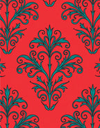 Red Teal Scrollwork Floral Damask Rug