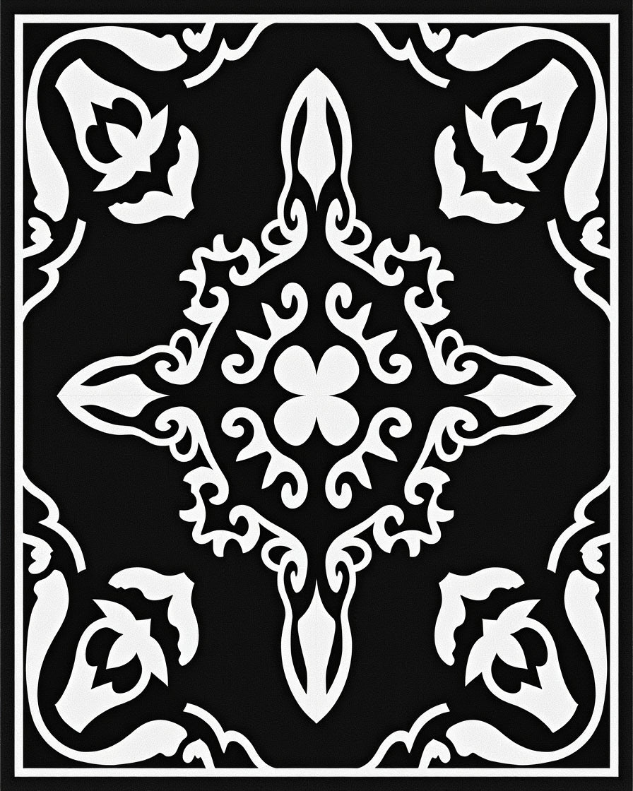 Black White Filigree Quatrefoil medallion Rug