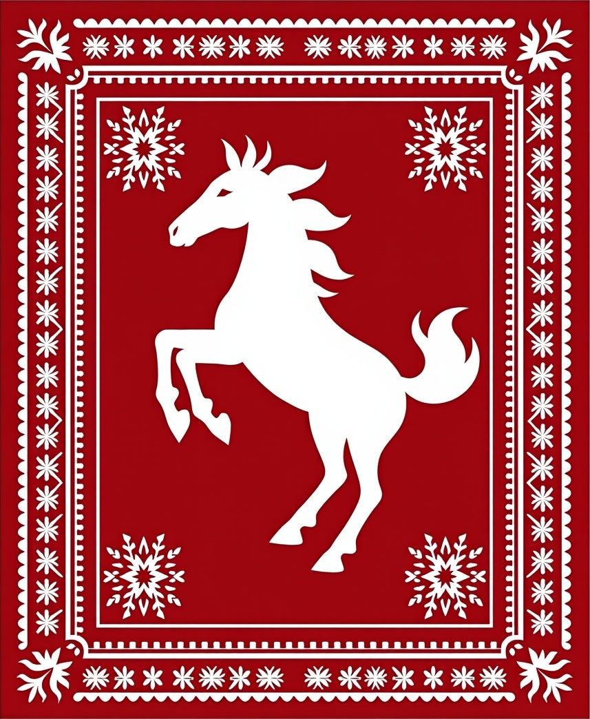 Bold Red Horse Snowflakes Border Rug