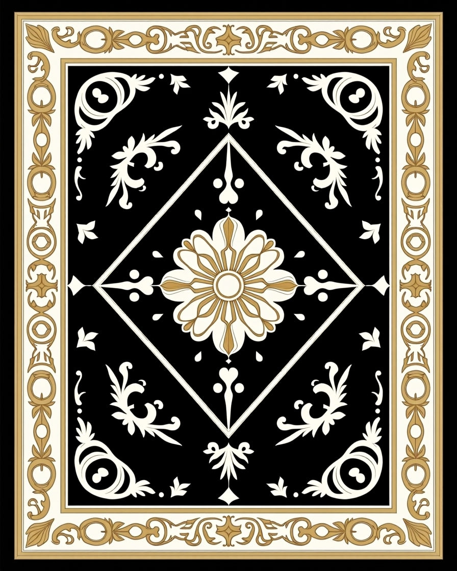 Black Gold Ivory Floral Diamond Rug