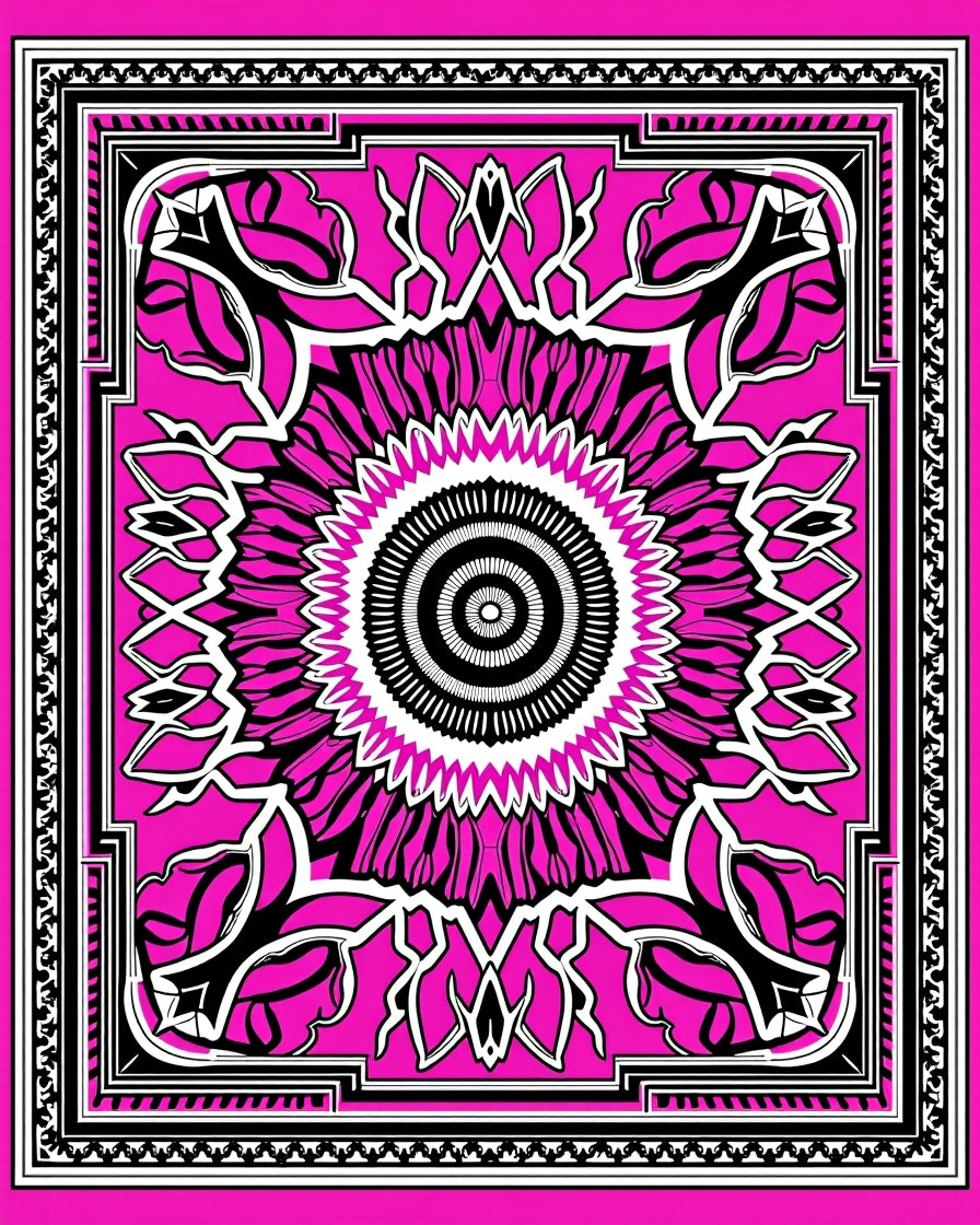Bold Pink Black White Floral Medallion Rug