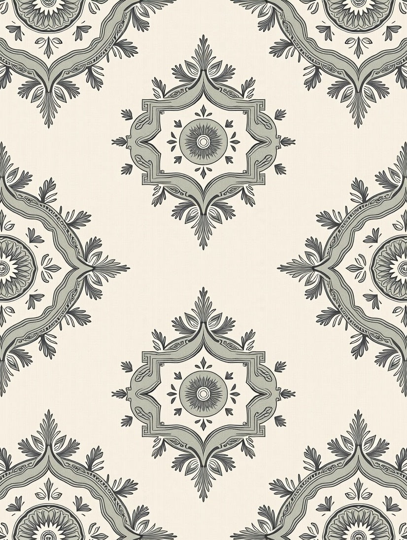 Elegant Gray Floral Medallion Tile Rug