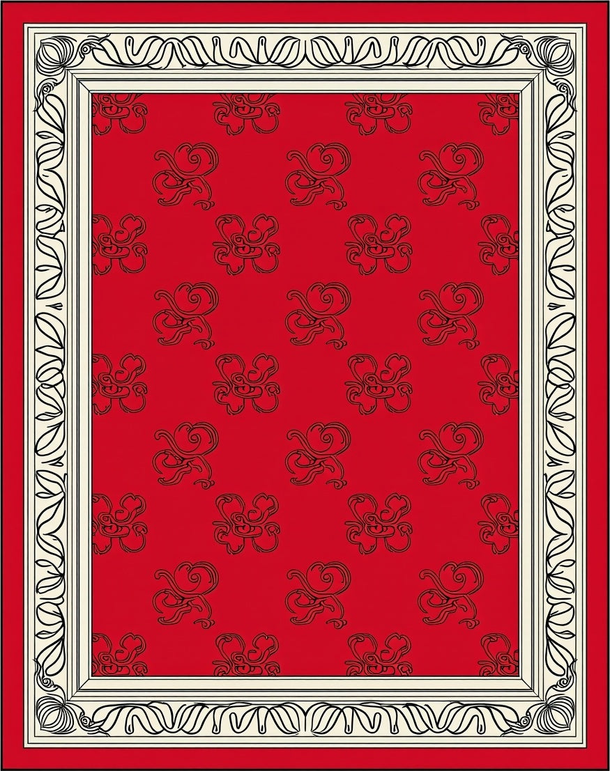 Crimson Red Scrolling Floral Border Rug