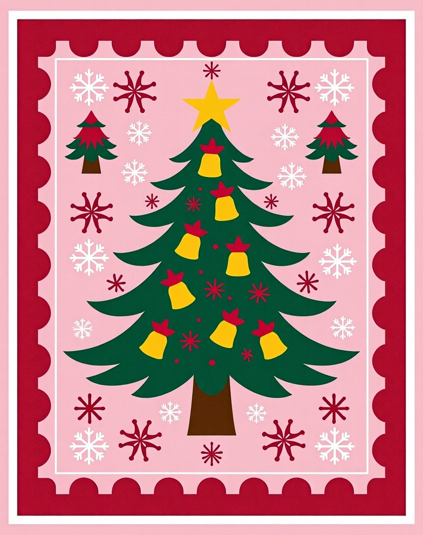 Pink Christmas Tree Bell Snowflakes Rug