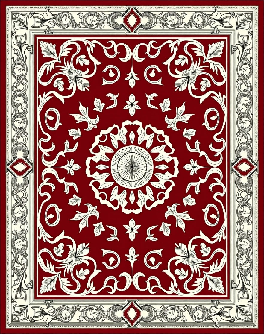 Ornate Crimson Blossom Border Rug