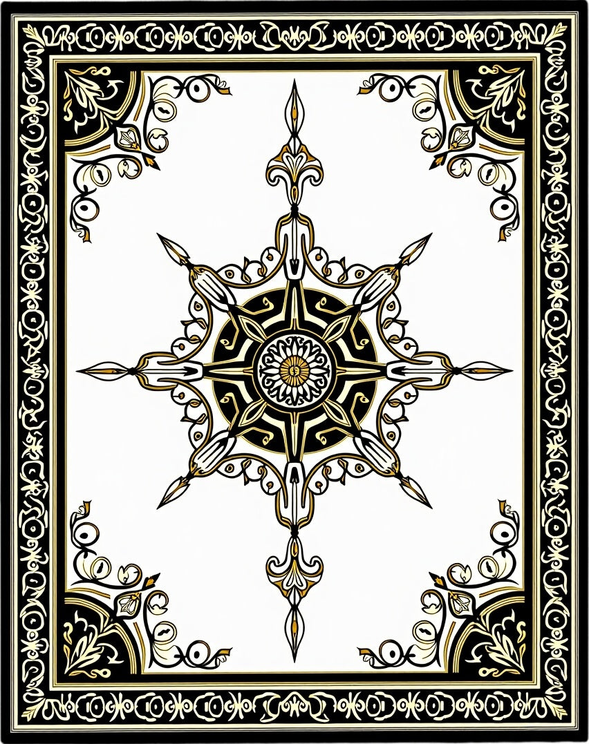 Ornate Black and Gold Starburst Frame Rug