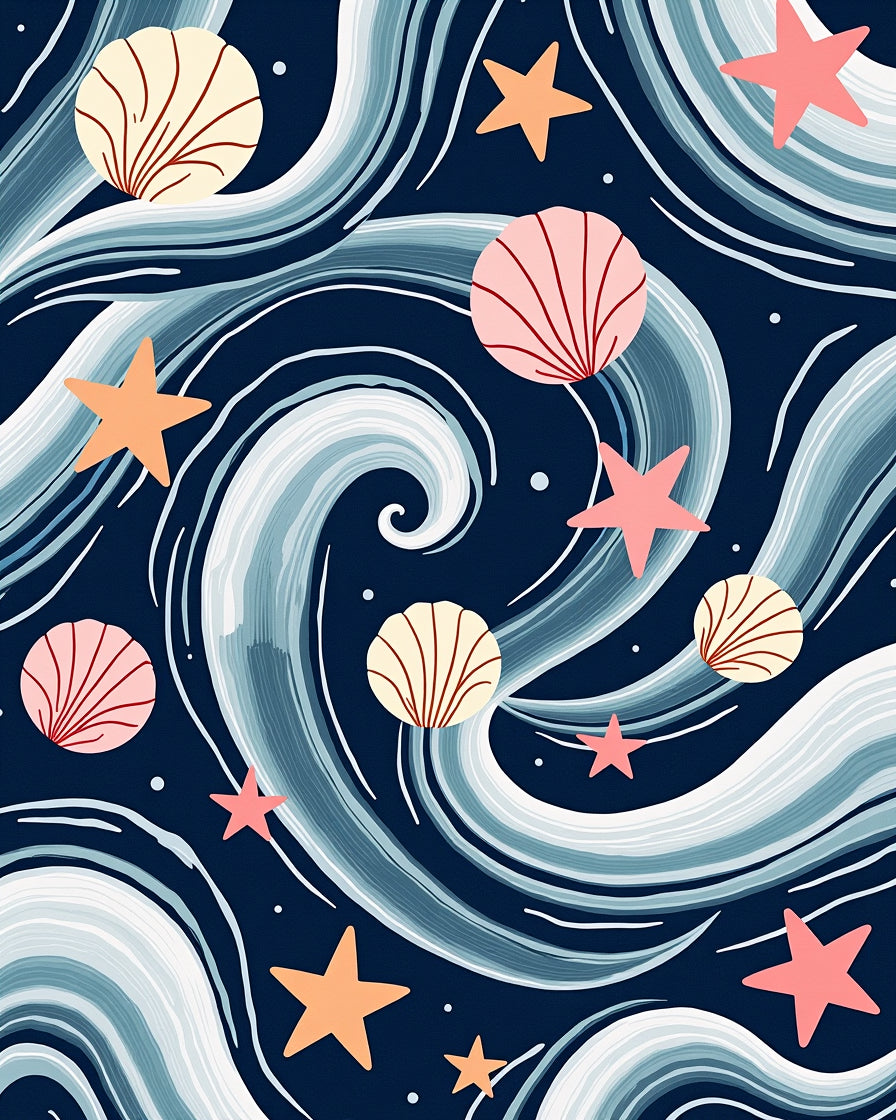 Oceanic Waves Seashell Starfish Navy Rug