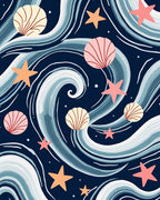 Oceanic Waves Seashell Starfish Navy Rug