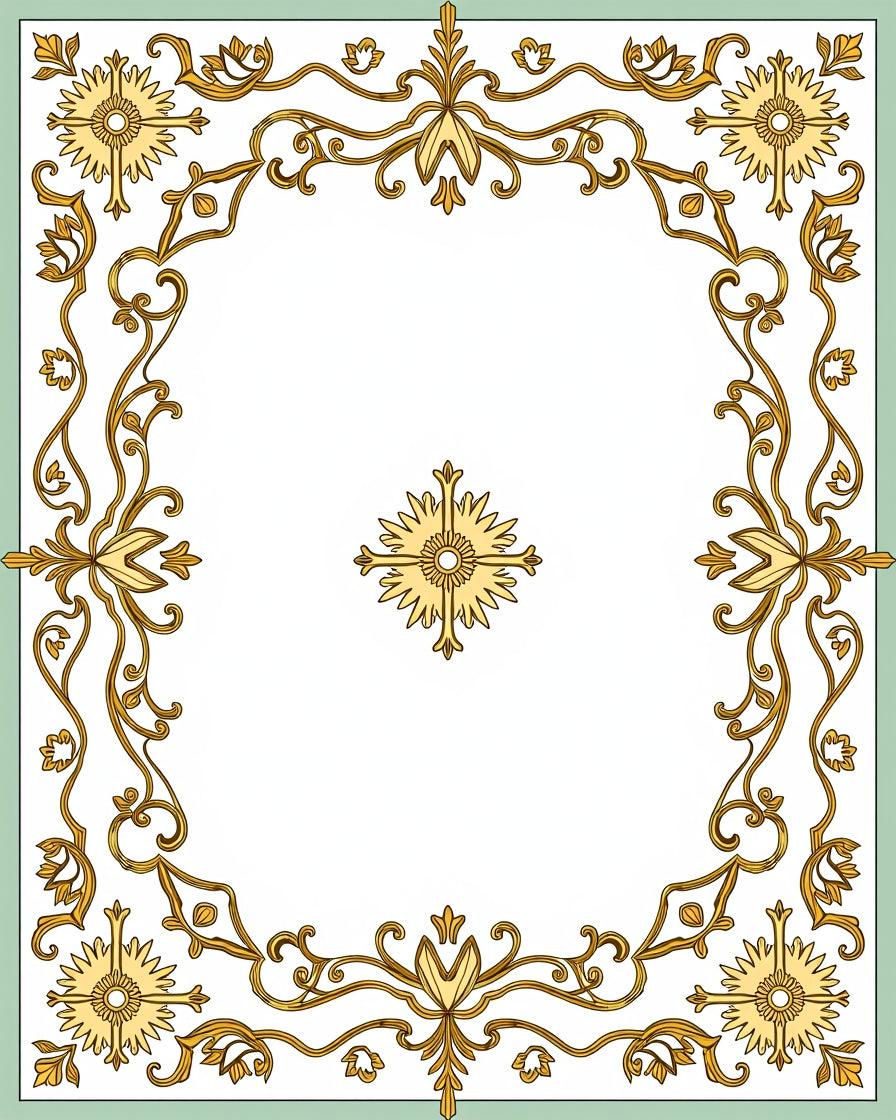 Golden Floral Scrollwork Medallion Border Rug