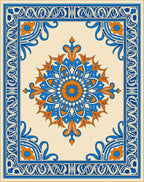 Blue Orange Floral Medallion Border Rug