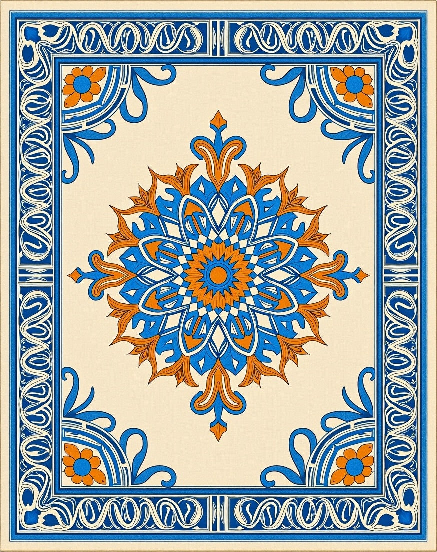 Blue Orange Floral Medallion Border Rug