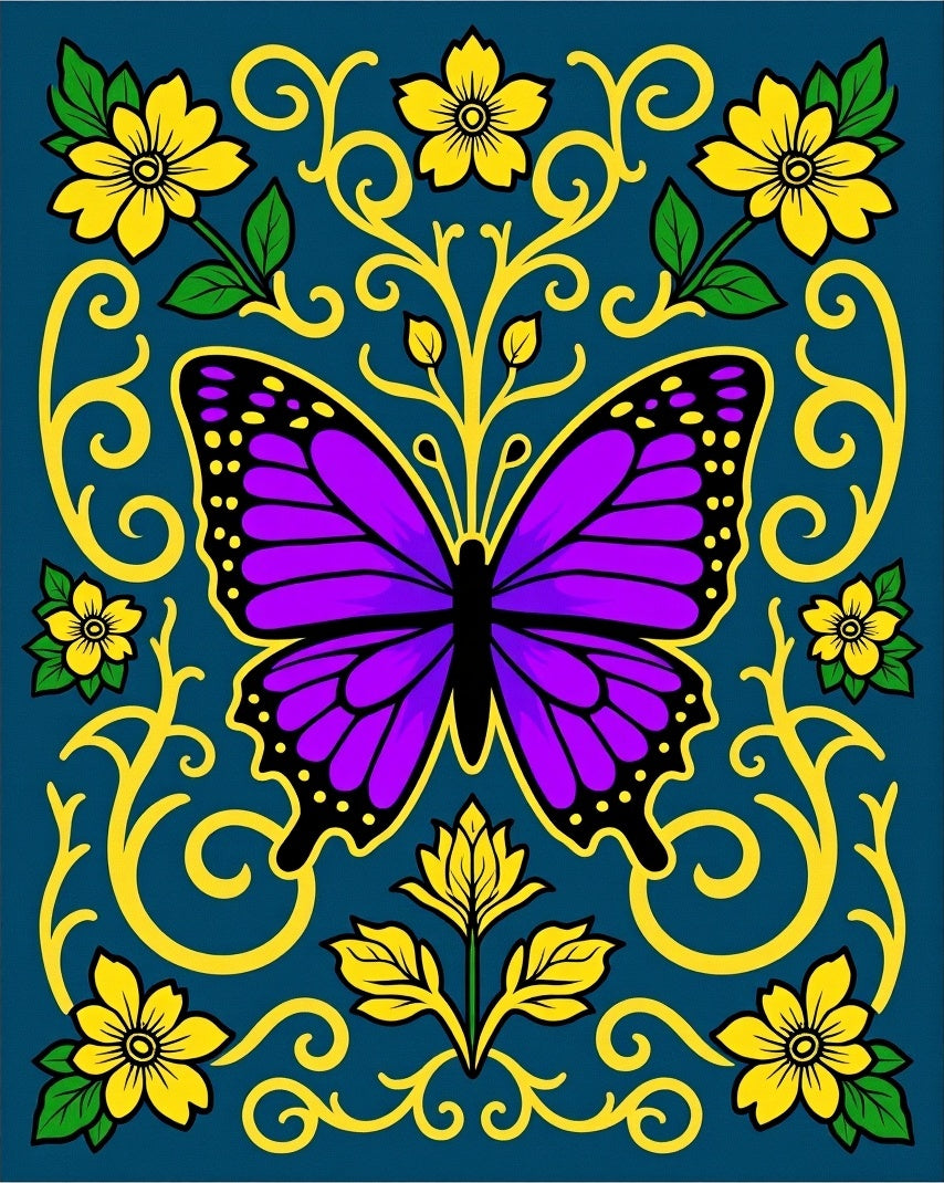Majestic Purple Butterfly Yellow Floral Swirls Rug