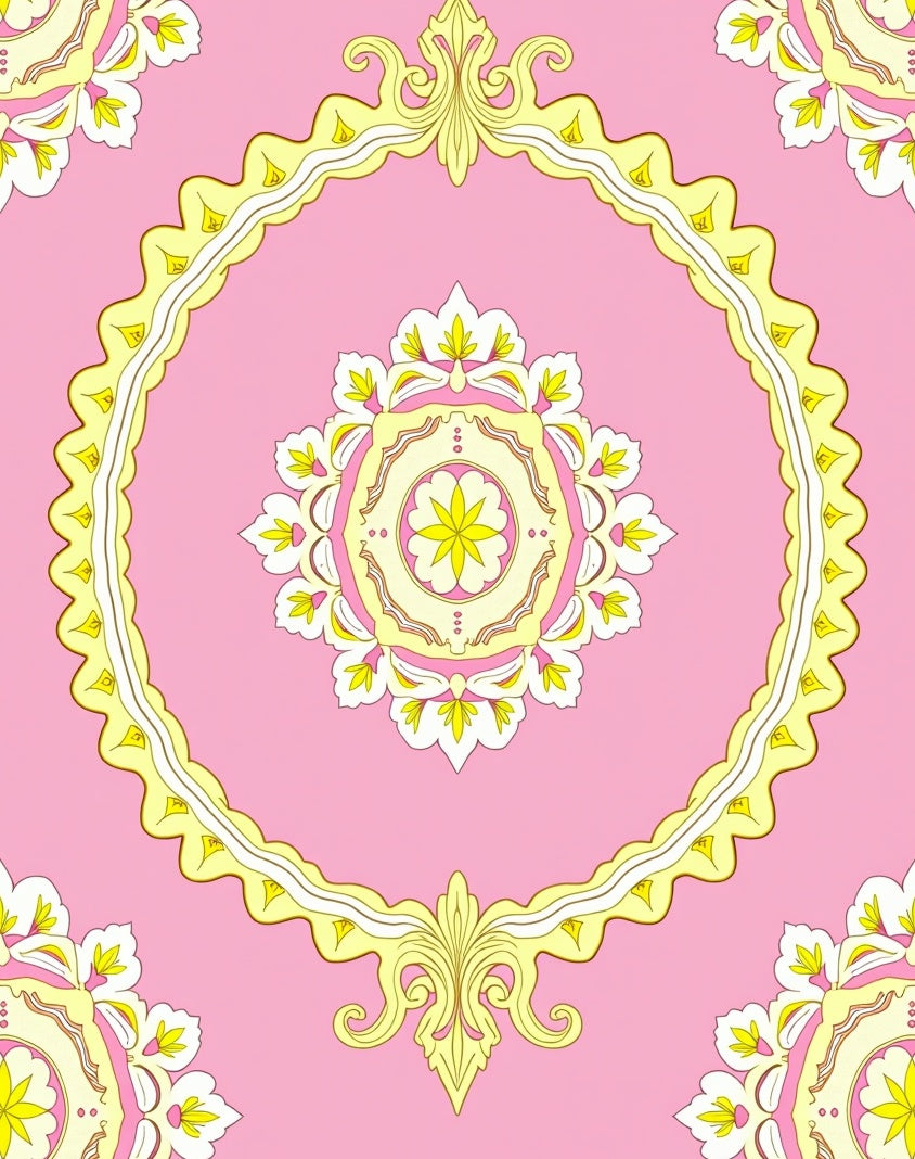 Pink Yellow Floral Medallion Brocade Rug