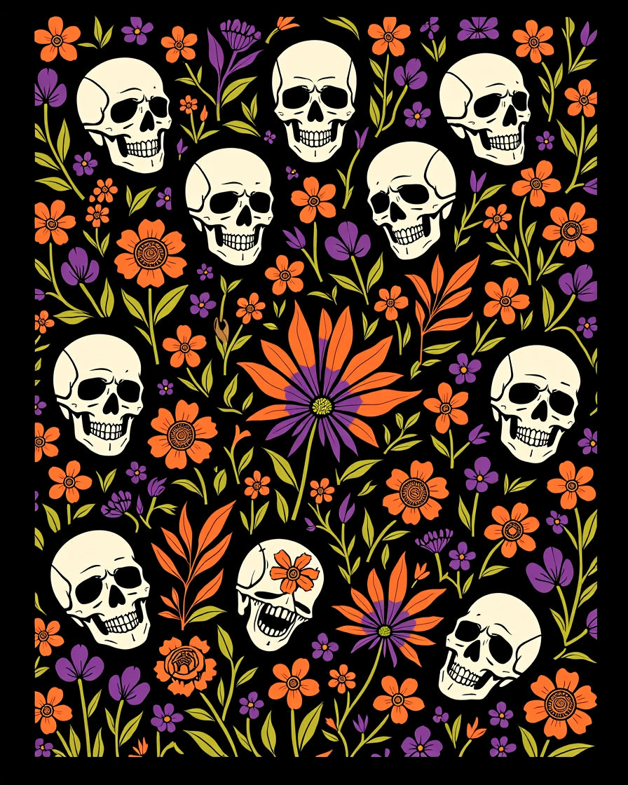 Skulls And Orange Floral Print Rug