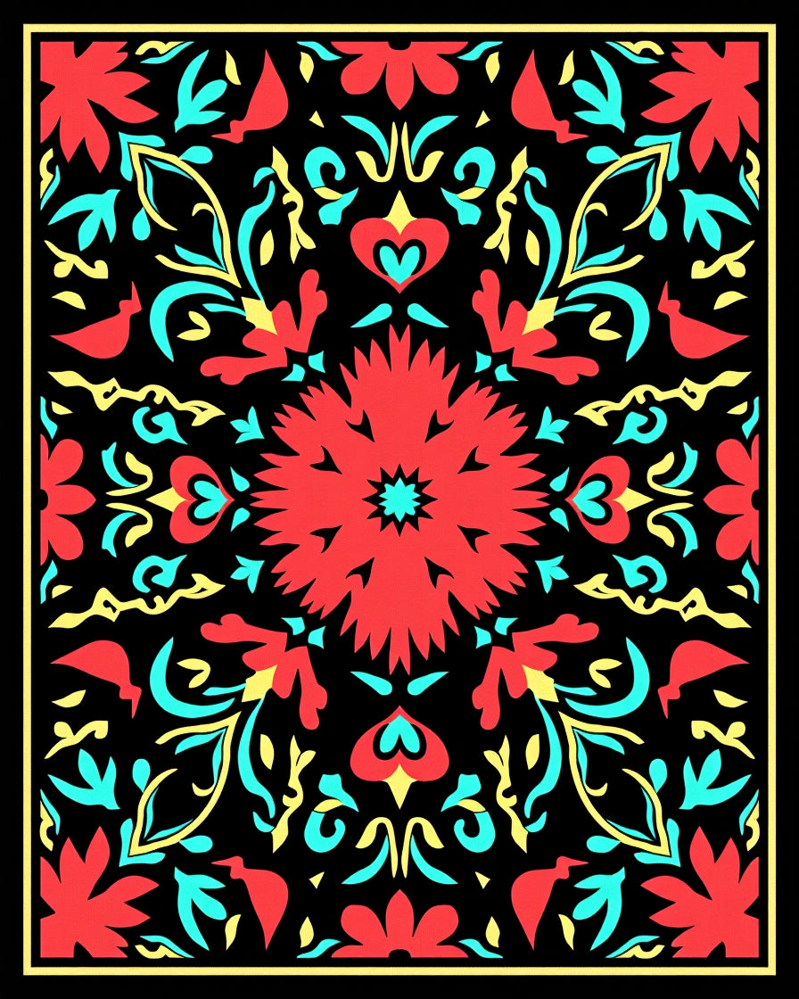 Vibrant Red Floral Symmetry Medallion Rug