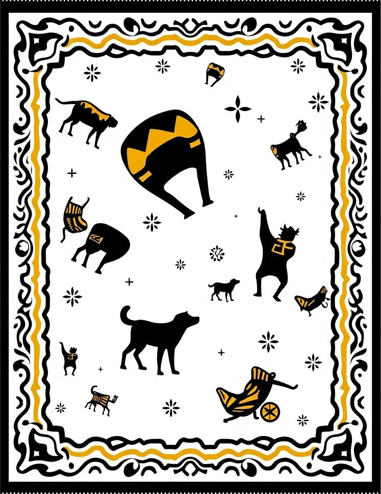 Whimsical Black Yellow Animal Caravan Scene Rug